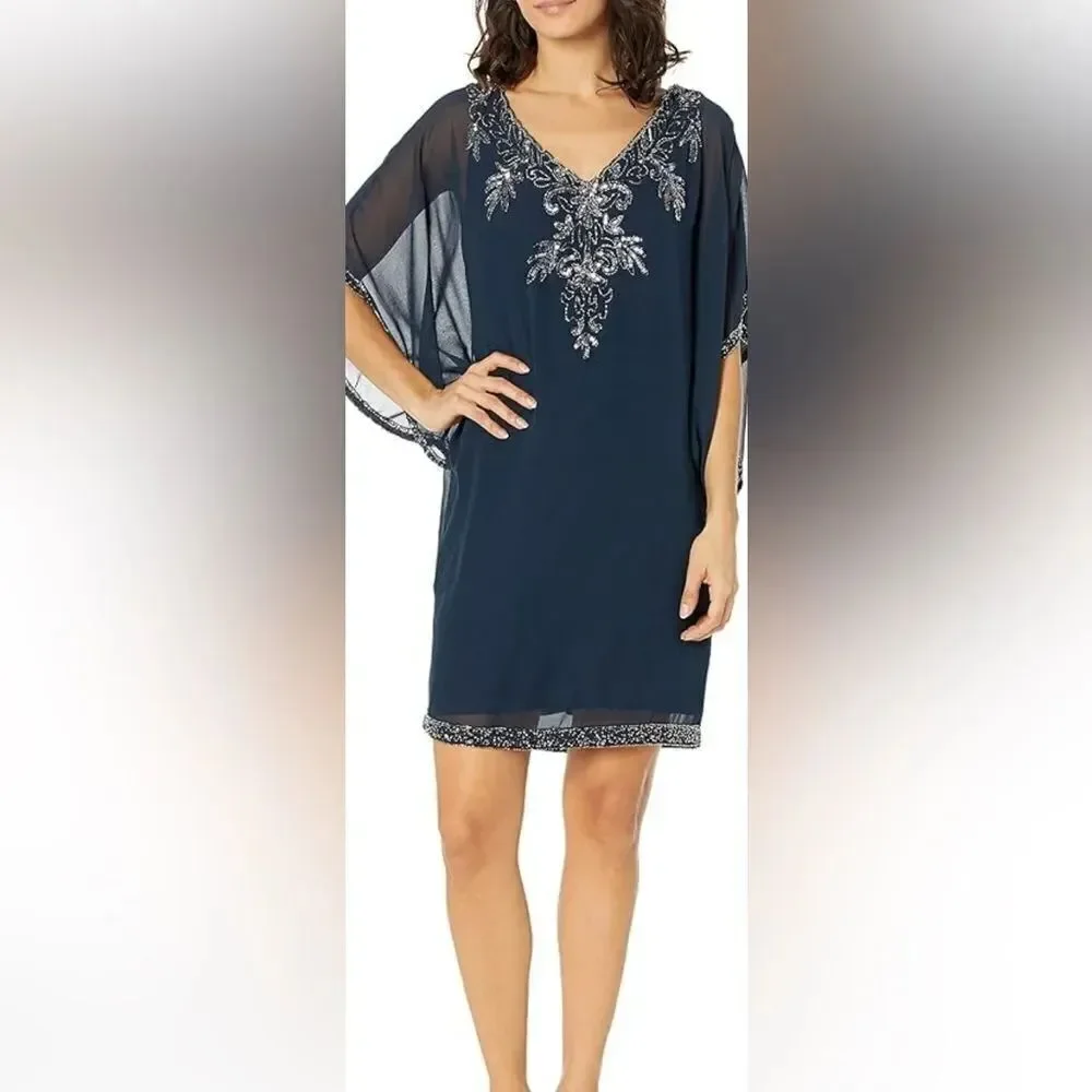 Jkara Elegant Navy Mercury Beaded Embellished Midi Dress Sheer Kaftan Plus 24W